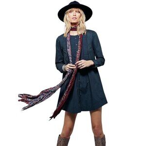 Free People Dark Teal Green Shift Mini Dress Pintuck Pleats Button Front